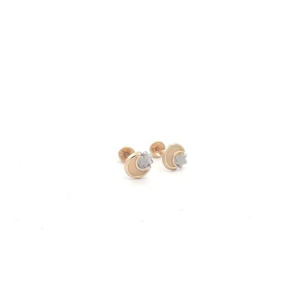 14K Gold Stud Earrings Moon Star Screw Back Type Tiny - Picture 1 of 4